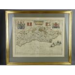 COLOURED & TINTED MAP OF SUSSEX - cartographer unknown, 43 x 57 cms to a wide margin
