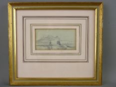 19th CENTURY ENGLISH SCHOOL pencil - harbour and shipping scene in rough seas with castle on top