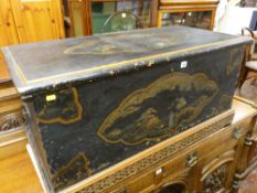 AN ANTIQUE PINE LIDDED CHEST with painted chinoiserie decoration, 51 cms high, 104.5 cms wide, 52