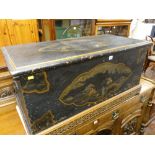 AN ANTIQUE PINE LIDDED CHEST with painted chinoiserie decoration, 51 cms high, 104.5 cms wide, 52
