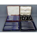 THREE CASED SETS OF SILVER HANDLED KNIVES and six silver pastry forks, all with Sheffield