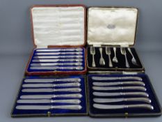 THREE CASED SETS OF SILVER HANDLED KNIVES and six silver pastry forks, all with Sheffield