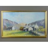ANN FELLOWS oil on board - titled 'Welsh Cottages', 28.5 x 50 cms SIGNED