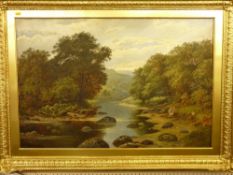 19th CENTURY ENGLISH SCHOOL oil on canvas - river scene with mother and child on the riverbank,