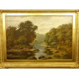 19th CENTURY ENGLISH SCHOOL oil on canvas - river scene with mother and child on the riverbank,