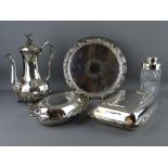 TWO ELECTROPLATE ENTREE DISHES WITH COVERS, a circular tray, a pressed glass cocktail shaker and a