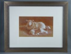D G MIZEN mixed media - resting ewe and her two lambs, signed, 19 x 33 cms