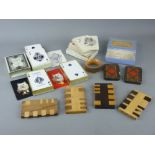 TARTAN WARE & ORIENTAL BRIDGE MARKERS, four sets of playing cards complete, an empty Camden whist