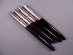 Four Vintage Parker 51 fountain pens (two black - missing jewel on one, one blue, one red)