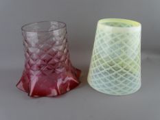 TWO LARGE GLASS OIL LAMPSHADES in vaseline with hatched design, the other diamond patterned with