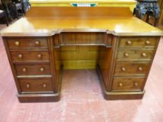 A VICTORIAN MAHOGANY INVERTED BREAKFRONT KNEEHOLE DESK, 87 cms high (top of back rail), 136 cms