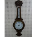 A VINTAGE OAK BANJO WALL BAROMETER WITH THERMOMETER, 88 cms long