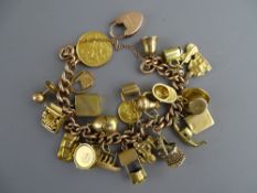 A NINE CARAT GOLD LINK 22 CHARM BRACELET with safety chain and padlock having approximately good