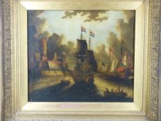 SCHOOL OF VAN DER VELDE OIL ON CANVAS - Continental harbour scene with warships etc, 46 x 54 cms