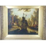 SCHOOL OF VAN DER VELDE OIL ON CANVAS - Continental harbour scene with warships etc, 46 x 54 cms