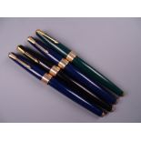 Four Vintage Parker 17 fountain pens - wide gold plated band (one black, two blue, one green)