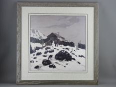 SIR KYFFIN WILLIAMS RA print - farmer in snow by a cottage with two sheepdogs, 36 x 36 cms