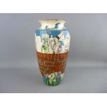 A WILEMAN & CO INTARSIO VASE depicting medieval maidens on an arched bridge with flowers below, 27.5