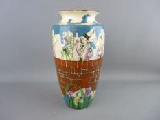 A WILEMAN & CO INTARSIO VASE depicting medieval maidens on an arched bridge with flowers below, 27.5
