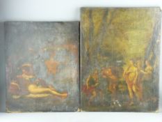 TWO OILS ON CANVAS, unframed - classical scenes with figures (for restoration), 56 x 42 cms and 49 x