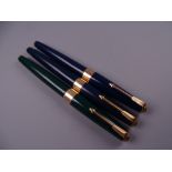 Three Vintage Parker 17 fountain pens - wide gold plated band (two blue, one green)