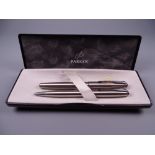Modern brushed steel Parker Sonnet Flighter fountain pen and pencil set with chrome trim In original