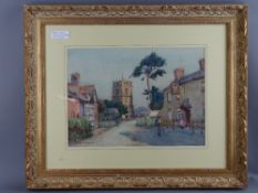 WILLIE STEPHENSON watercolour - village scene with figures, signed and with label 'The Bull