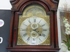 A MAHOGANY LONGCASE CLOCK by Peter Clare, Manchester, 14 ins brass moon phase dial with silvered