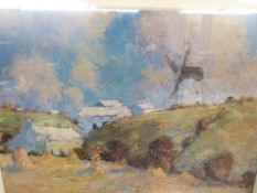 HARRY HUGHES WILLIAMS coloured print - Anglesey Windmill with stooked corn, unsigned, 28 x 40 cms