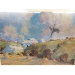 HARRY HUGHES WILLIAMS coloured print - Anglesey Windmill with stooked corn, unsigned, 28 x 40 cms