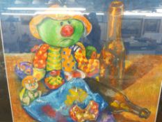 TELERI PARRY mixed media - still life, colourfully dressed dolls with two bottles and apple core