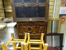 Modern faux leather trunk, toy box marked 'Toys', two stools, two small coffee tables, white painted