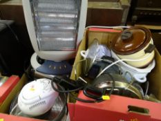 Two boxes of household electricals items - kettle, thermopot, halogen heater etc E/T