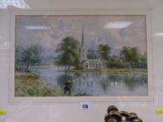 S SHEPHERD watercolour - man fishing with church in the background