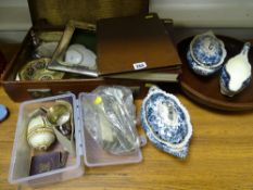 Large parcel of collectable items including porcelain, white metalware, vintage suitcase, treen