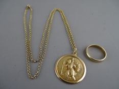 Nine carat gold chain with nine carat gold circular St Christopher pendant and a plain nine carat