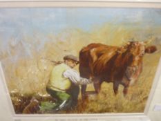 ANWEN ROBERTS coloured limited edition (7/20) print - farmer and cow, signed and entitled 'Mr