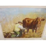 ANWEN ROBERTS coloured limited edition (7/20) print - farmer and cow, signed and entitled 'Mr