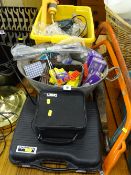 Parcel of garage items including bow saws, tub of gardening accessories, a Black & Decker drill, tin