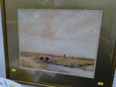 RUSHBURY watercolour - farmer on horseback with cattle by a river