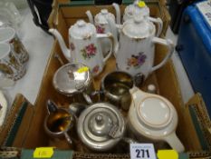 Staffs porcelain teapot, electroplate tea service etc