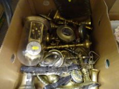 Box of mixed brassware including a boule clock, horse brasses, scales etc