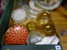 Box of mixed china and glassware including amber dessert bowls etc