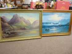 Two modern large gilt framed oils on canvas - Scottish mountain scene with lake to the foreground