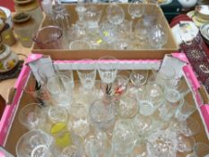 Two boxes with large quantity of drinking and other glassware including decanters with stoppers