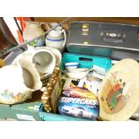Mixed selection of Victorian wash jug and bowl sets, a vintage suitcase and a crate of mixed