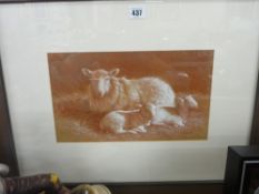 D G MIZEN mixed media - resting ewe and her two lambs, signed