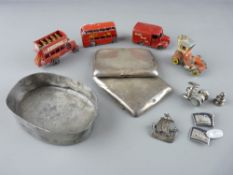 Four vintage diecast vehicles, pair of Egyptian style cufflinks, silver Viking boat brooch etc