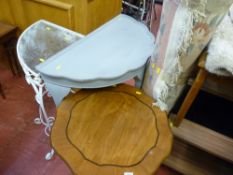 Small high gloss light wood occasional table, a grey painted half moon table, a scrolled metal and