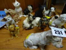 Dresden china dog figure plus other cats and dogs including Beswick, Goebel, Doulton etc